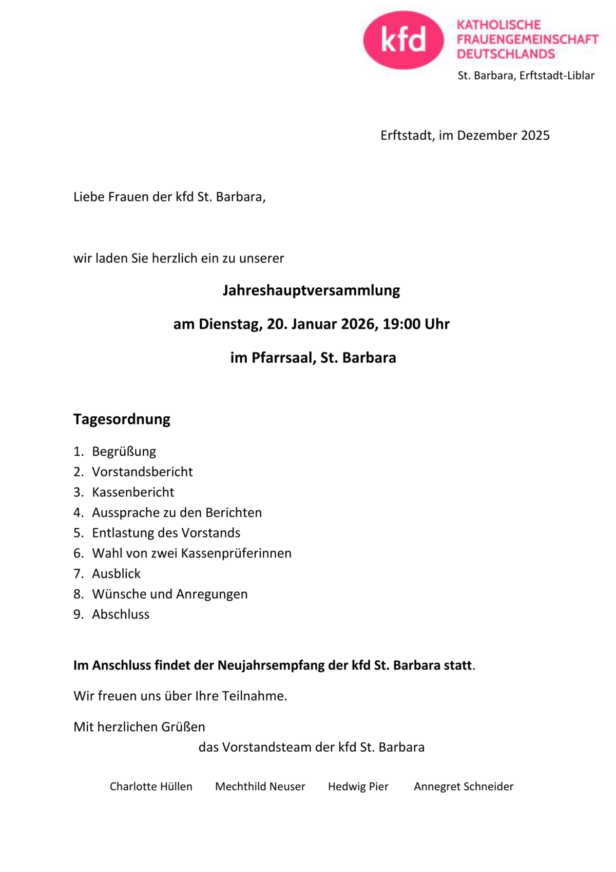 Einladung Jahreshauptversammlung und Neunjahrsempfang 2026